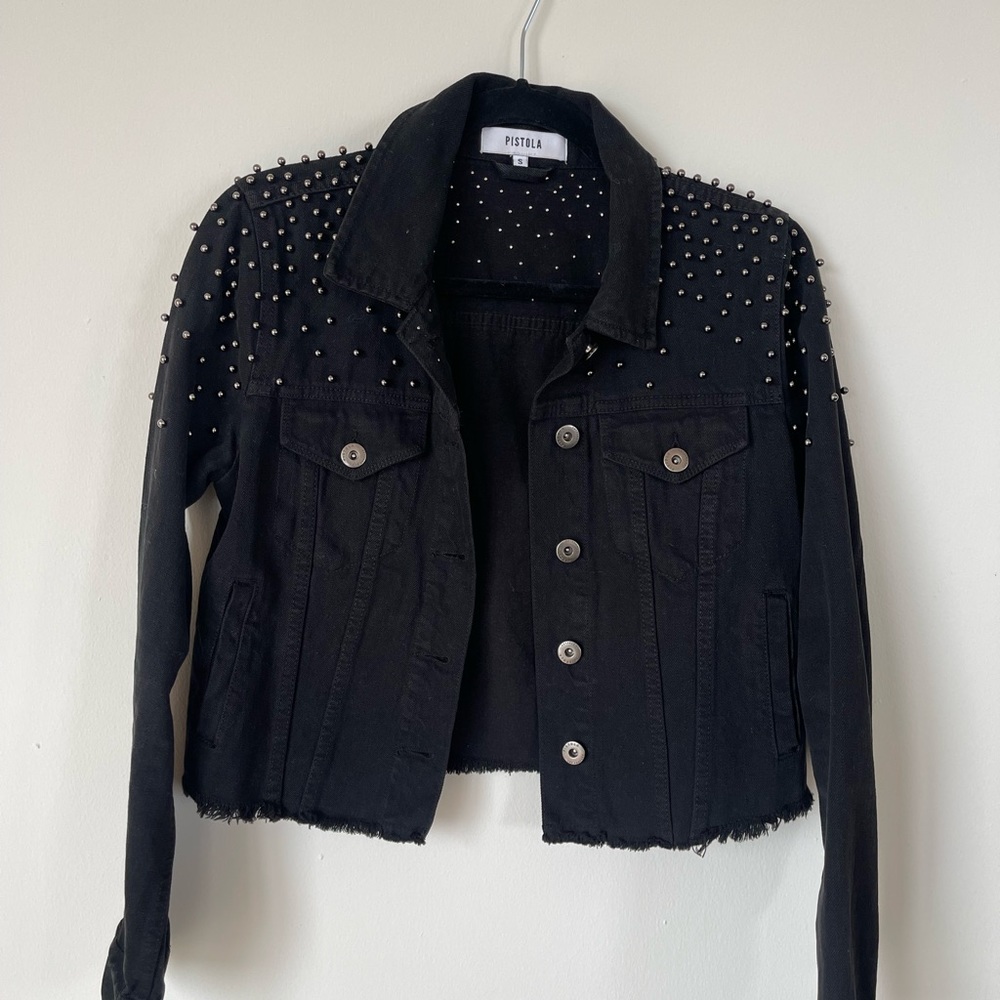 Pistola beaded cropped denim/jean jacket in black (S)